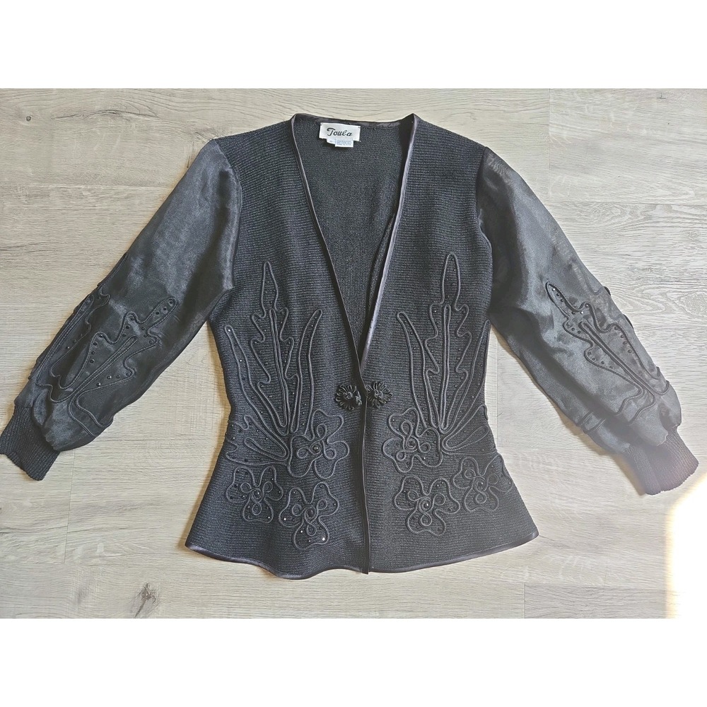 Vintage Toula USA Black Embroidered Applique Jeweled Cardigan Knit Jacket Size 8